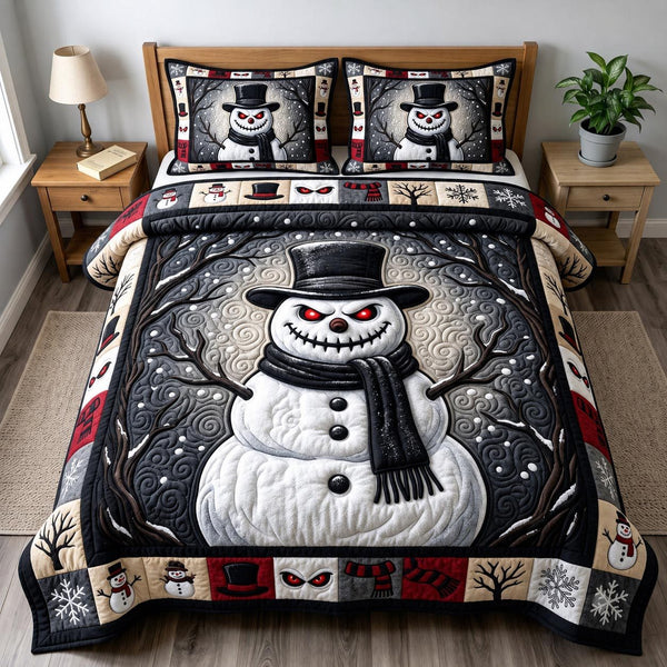 Gothmas Snowman quilted 3-piece bedding set on a made bed in a winter-styled bedroom