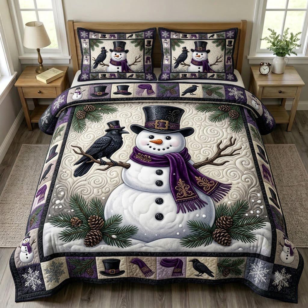 Gothmas Snowman quilted 3-piece bedding set on a made bed in a winter-styled bedroom