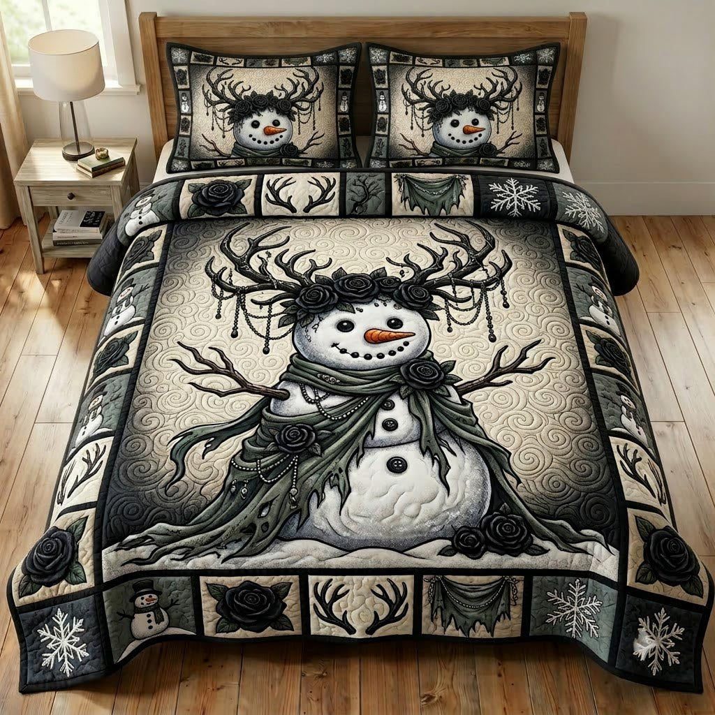 Gothmas Snowman quilted 3-piece bedding set on a made bed in a winter-styled bedroom