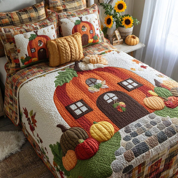Gourd Grove Retreat quilted 3-piece bedding set on a made bed with two matching pillow shams