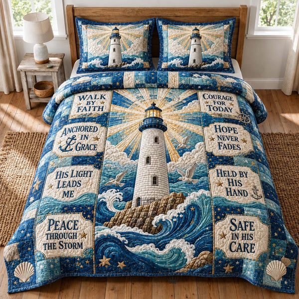 Grace Beacon quilted 3-piece bedding set on a made bed with two matching pillow shams