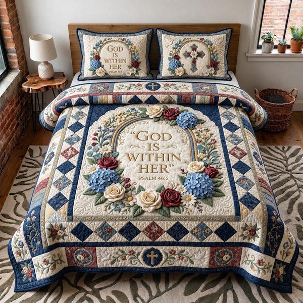 Grace Bloom quilted 3-piece bedding set on a made bed with two matching pillow shams