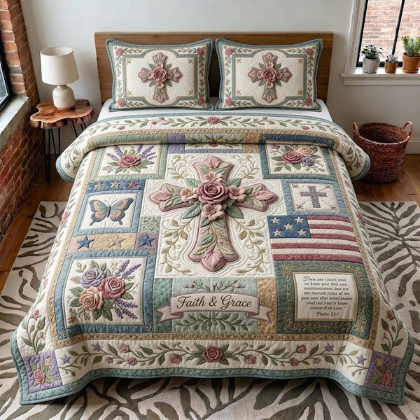 Grace Cross quilted 3-piece bedding set on a made bed in a softly lit bedroom