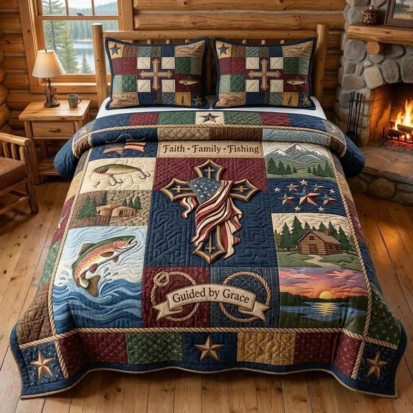 Grace Fishing quilted 3-piece bedding set on a made bed with two matching pillow shams