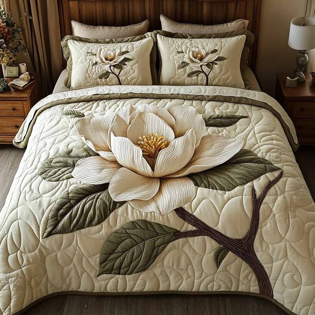 Grace Garden quilted 3-piece bedding set on a made bed with two matching pillow shams