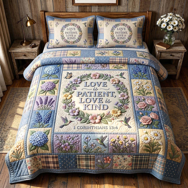Grace In Bloom quilted 3-piece bedding set on a made bed with two matching pillow shams