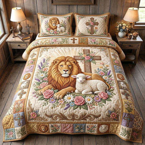 Grace Kingdom quilted 3-piece bedding set on a made bed with two matching pillow shams