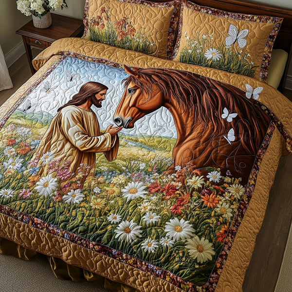 Grace Meadow quilted 3-piece bedding set on a made bed with two matching pillow shams