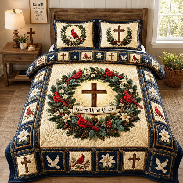 Grace Upon Grace Cardinal Wreath quilted 3-piece bedding set on a made bed in a winter-styled bedroom