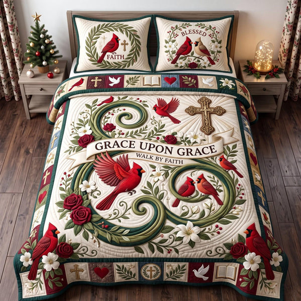 Grace Upon Grace quilted 3-piece bedding set on a made bed with two matching pillow shams