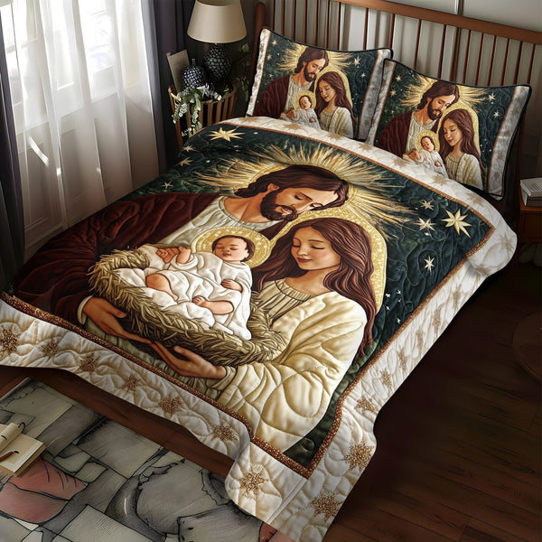 Graceful Blessings quilted 3-piece bedding set on a made bed with two matching pillow shams