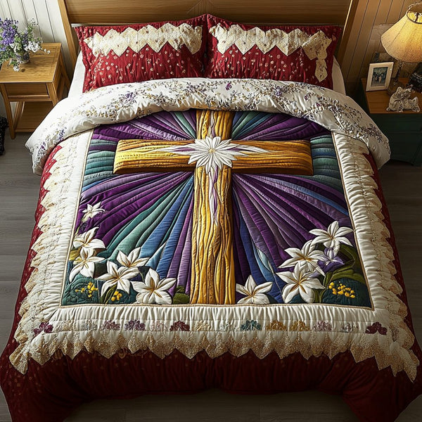 Graceful Cross quilted 3-piece bedding set on a made bed in a softly lit bedroom