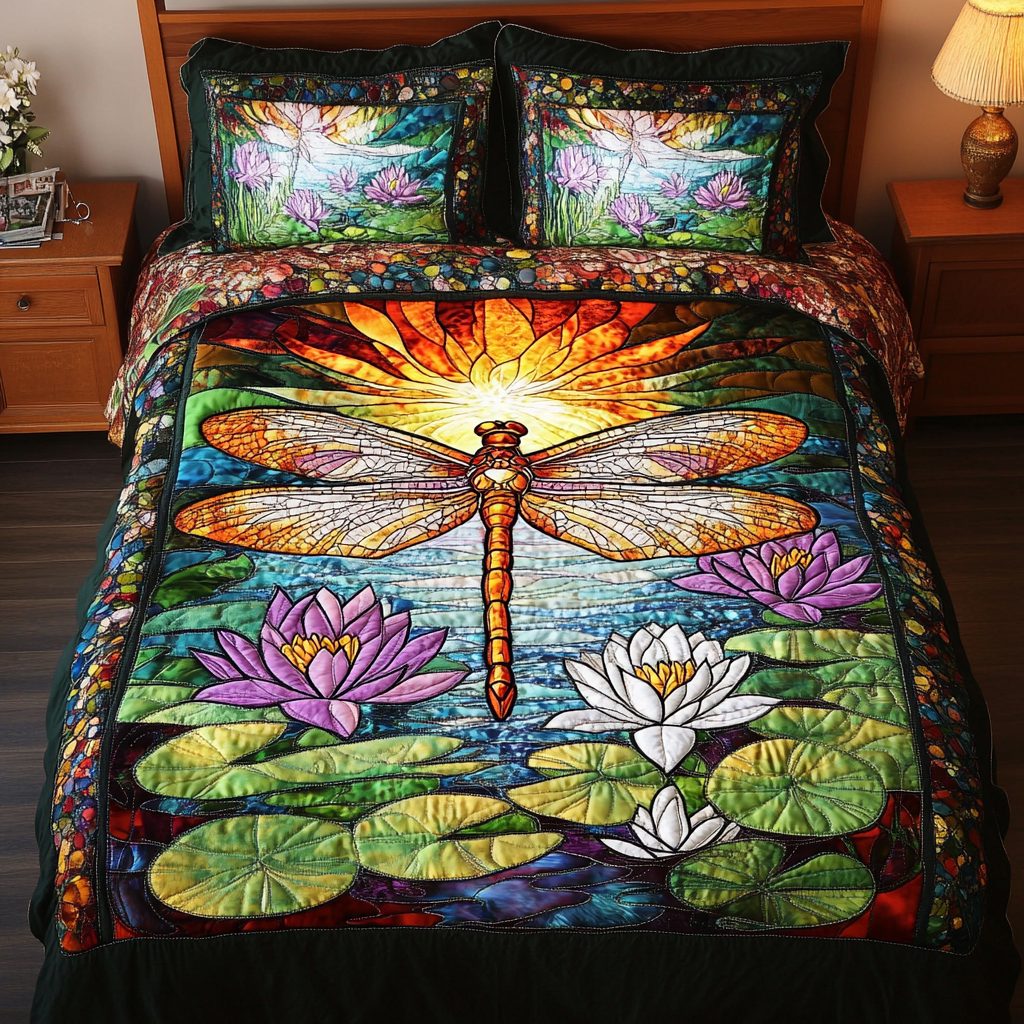 Graceful Dragonfly quilted 3-piece bedding set on a made bed with two matching pillow shams