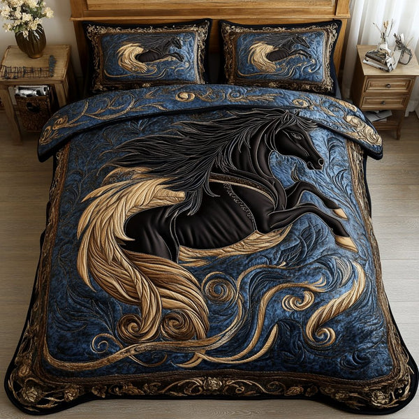 Graceful Horse quilted 3-piece bedding set on a made bed in a rustic timber bedroom