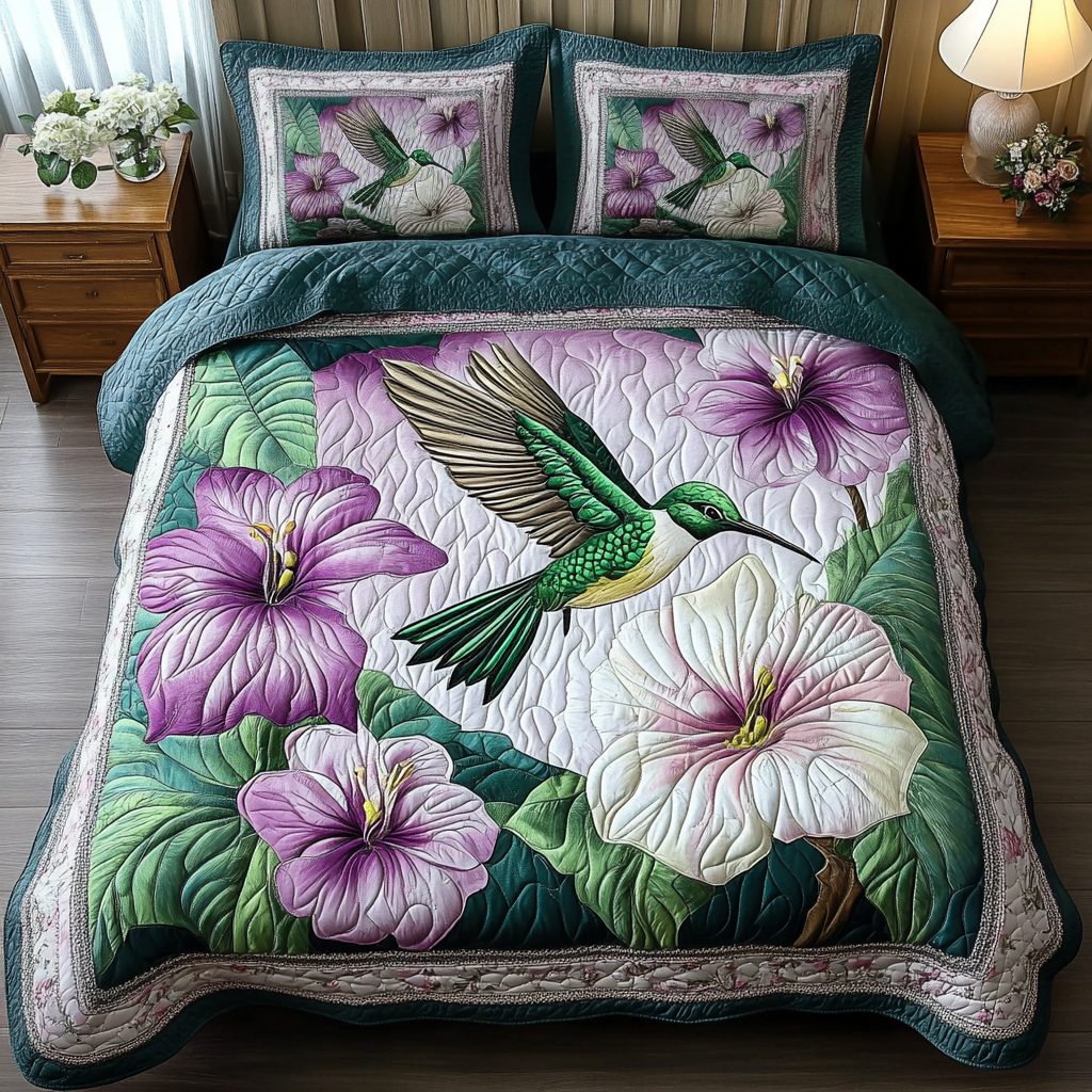 Graceful Hummingbird quilted 3-piece bedding set on a made bed with two matching pillow shams