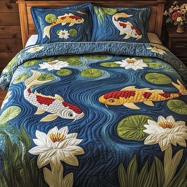 Graceful Koi Symphony quilted 3-piece bedding set on a made bed with two matching pillow shams