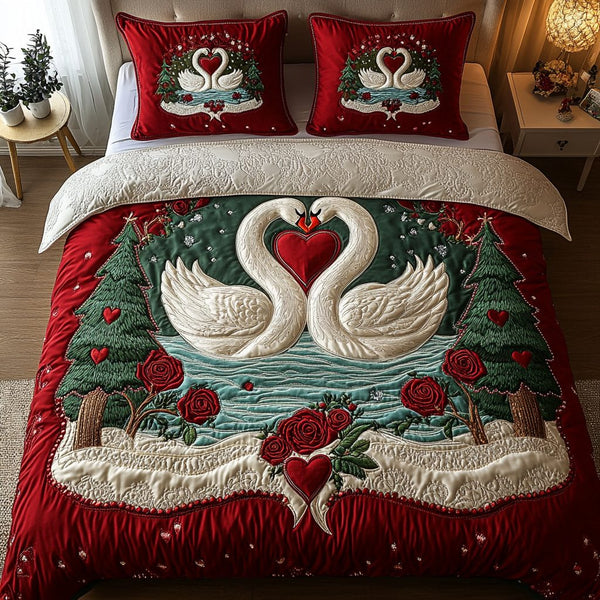 Graceful Lovebirds quilted 3-piece bedding set on a made bed with two matching pillow shams