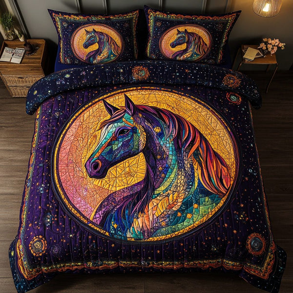Graceful Mustang quilted 3-piece bedding set on a made bed with two matching pillow shams