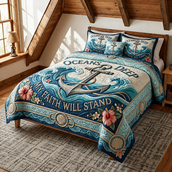 Graceful Seas quilted 3-piece bedding set on a made bed with two matching pillow shams