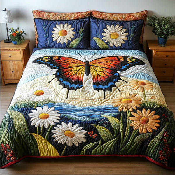 Graceful Soar quilted 3-piece bedding set on a made bed with two matching pillow shams
