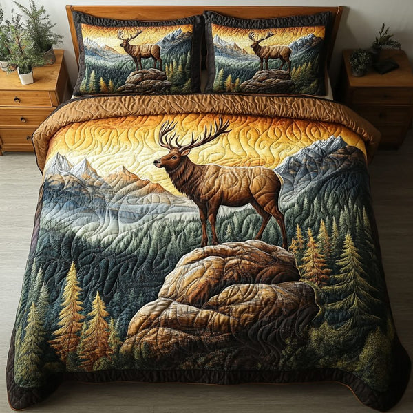 Graceful Stag quilted 3-piece bedding set on a made bed with two matching pillow shams