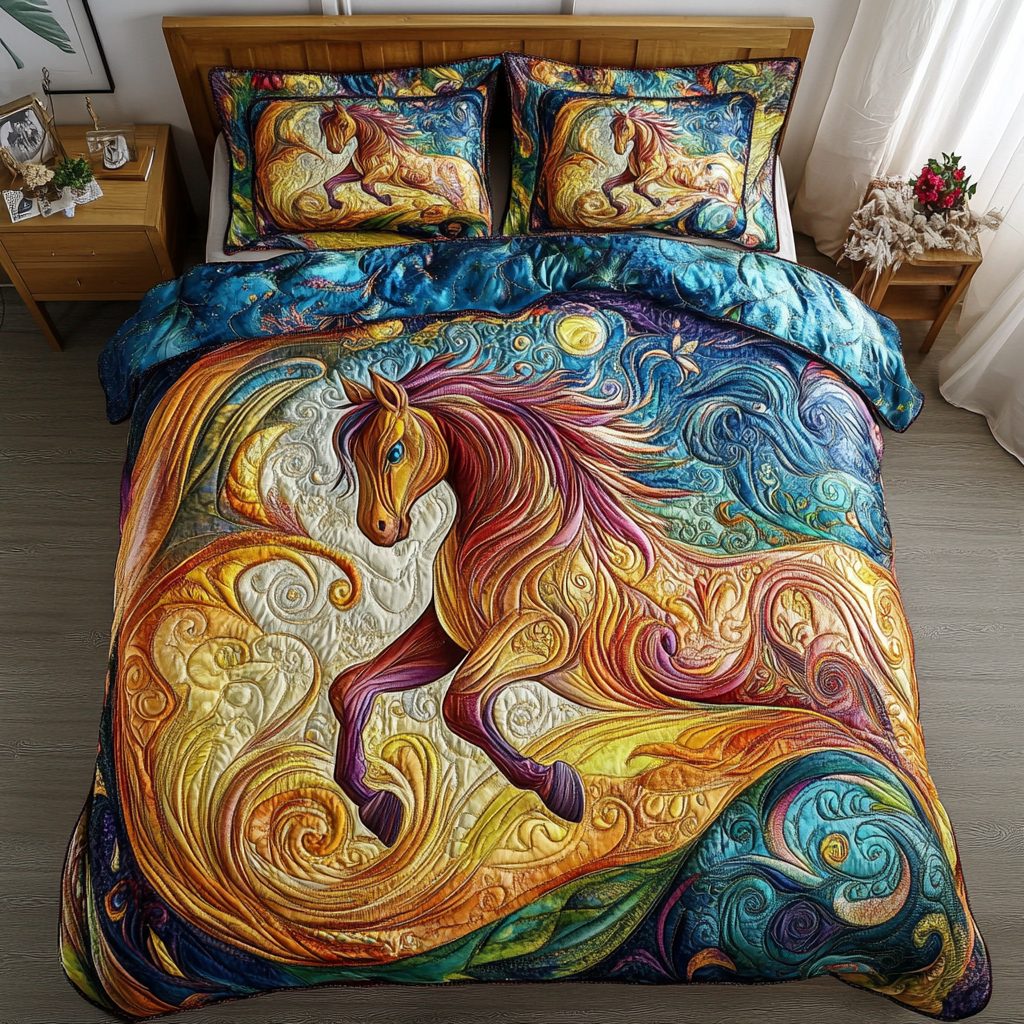 Graceful Stride quilted 3-piece bedding set on a made bed with two matching pillow shams