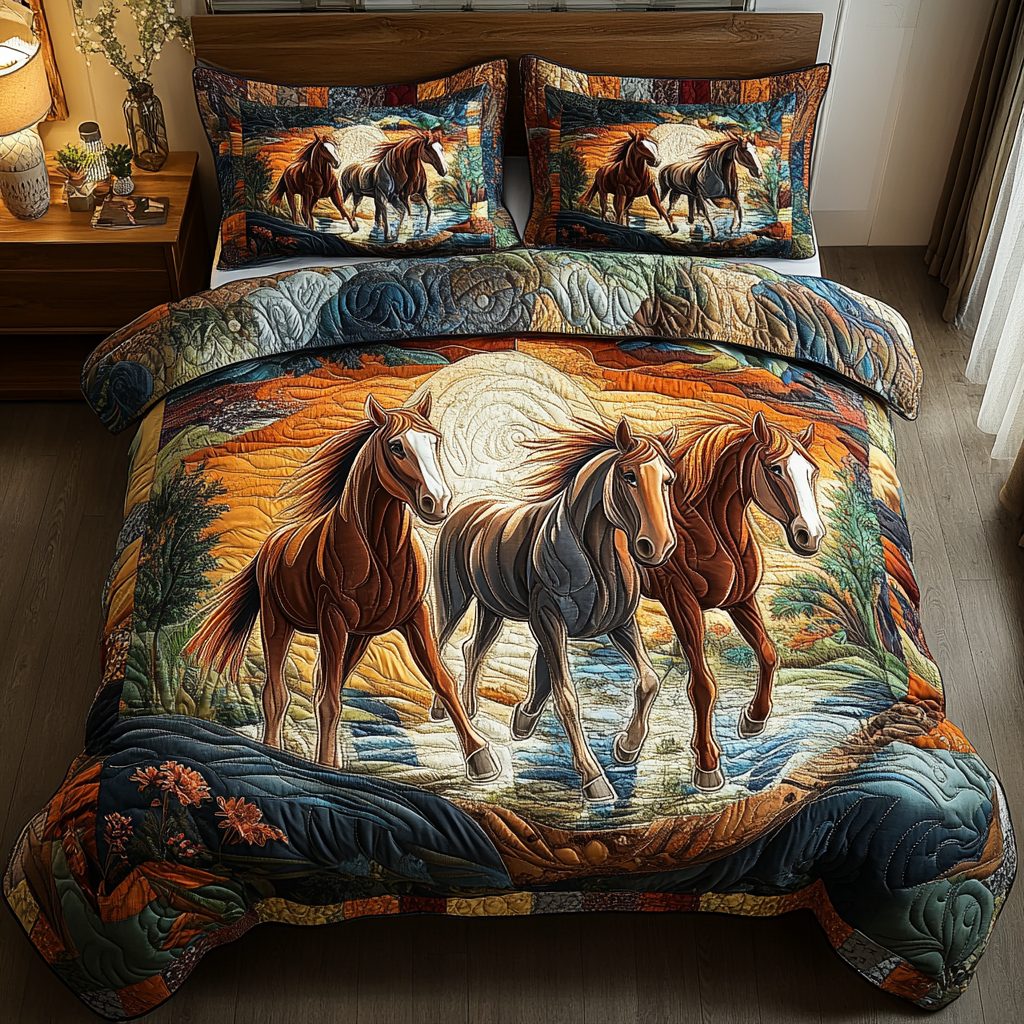 Graceful Stride quilted 3-piece bedding set on a made bed with two matching pillow shams