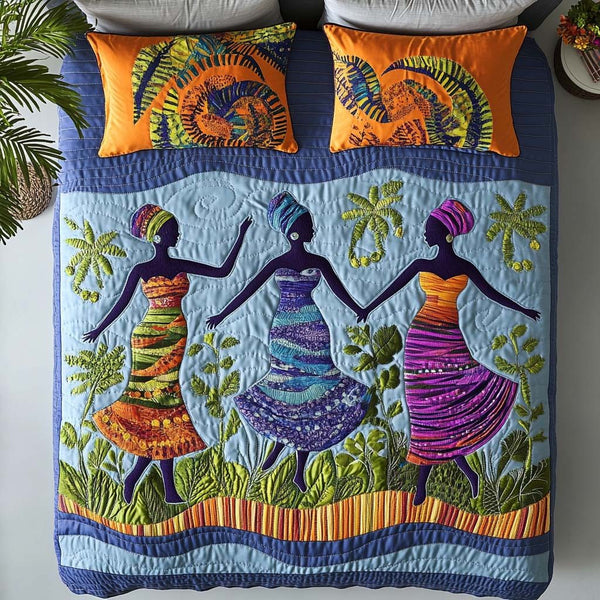 Graceful Sun Queens quilted 3-piece bedding set on a made bed with two matching pillow shams