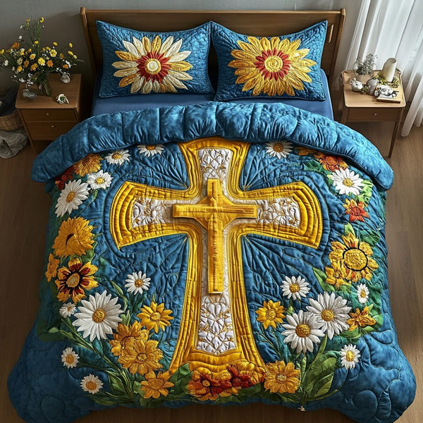 Graceful Sunflower quilted 3-piece bedding set on a made bed with two matching pillow shams