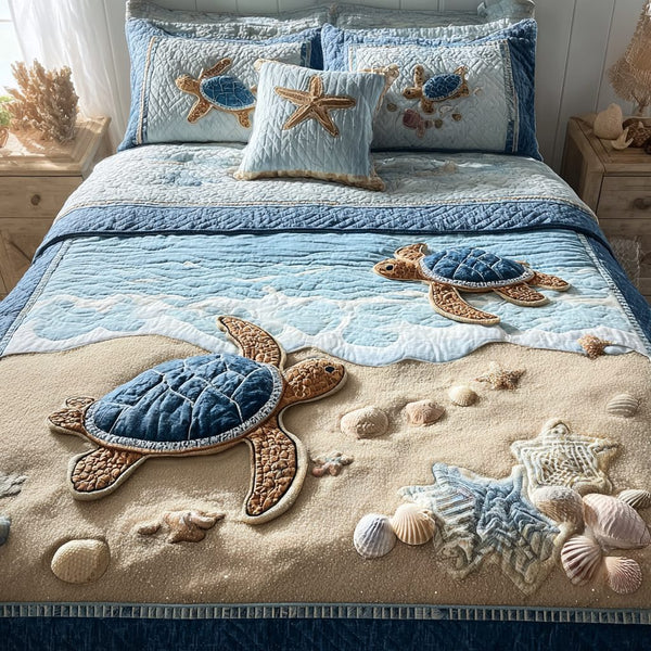 Graceful Turtle quilted 3-piece bedding set on a made bed in a light coastal bedroom