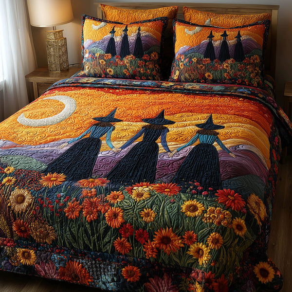 Gracefully Witchy quilted 3-piece bedding set on a made bed against a dark styled interior