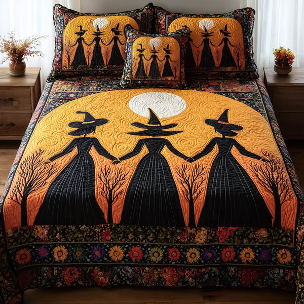 Gracefully Witchy quilted 3-piece bedding set on a made bed against a dark styled interior