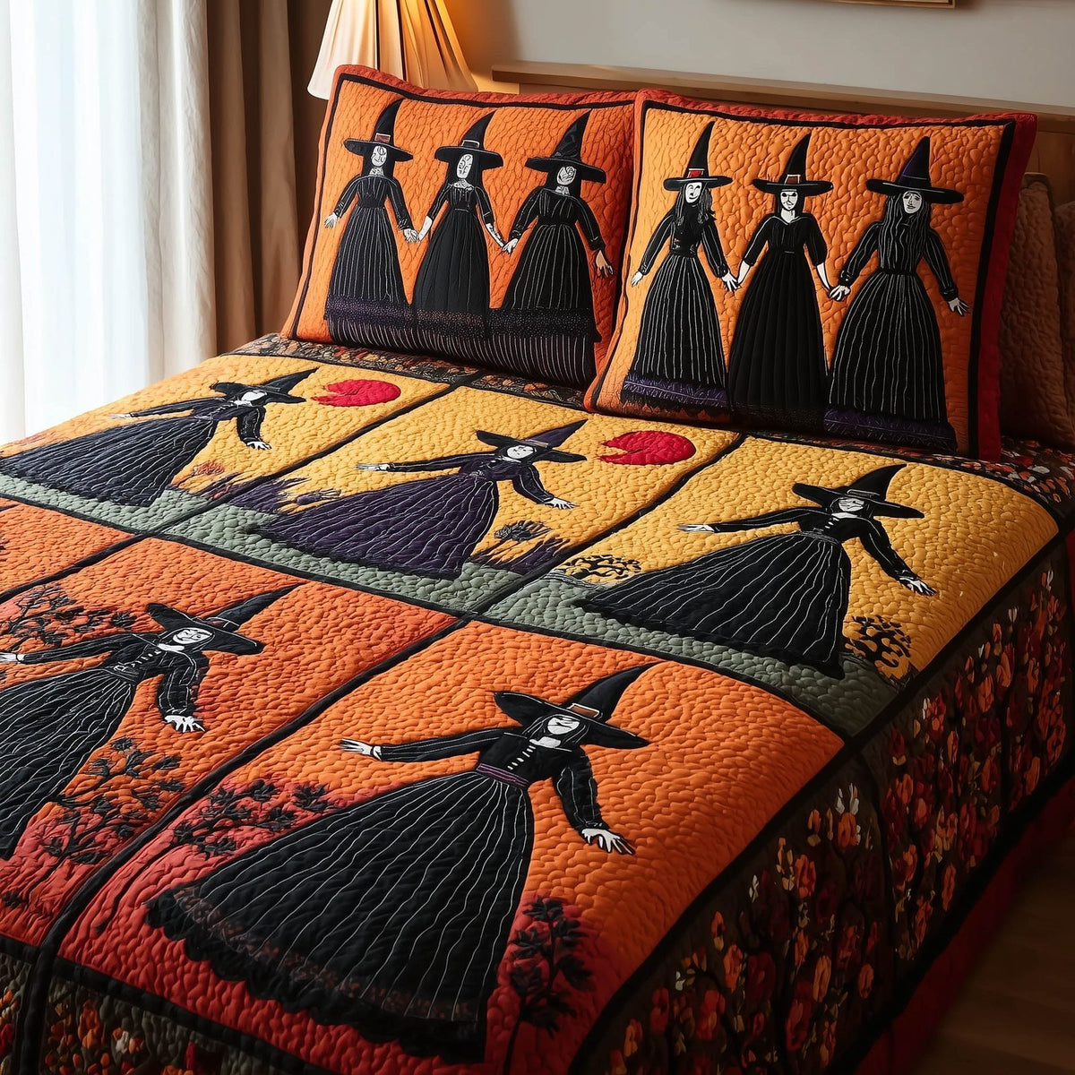Gracefully Witchy quilted 3-piece bedding set on a made bed against a dark styled interior