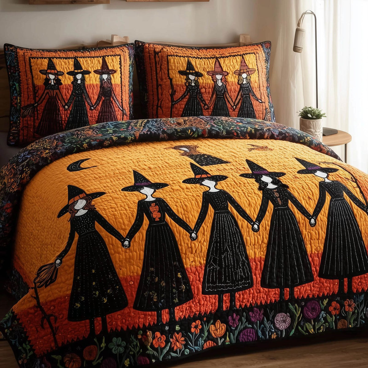 Gracefully Witchy quilted 3-piece bedding set on a made bed against a dark styled interior