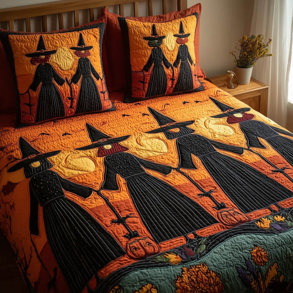 Gracefully Witchy quilted 3-piece bedding set on a made bed against a dark styled interior