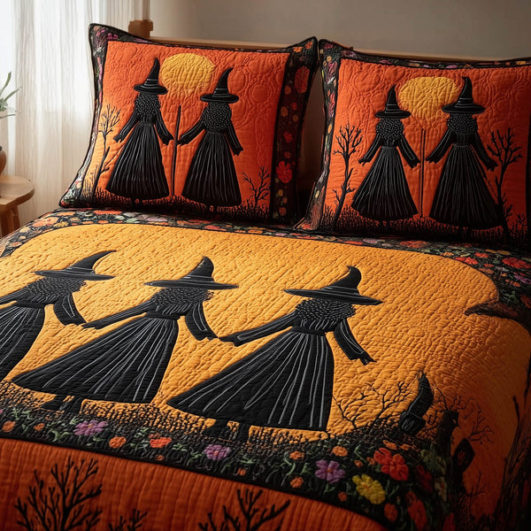 Gracefully Witchy quilted 3-piece bedding set on a made bed against a dark styled interior