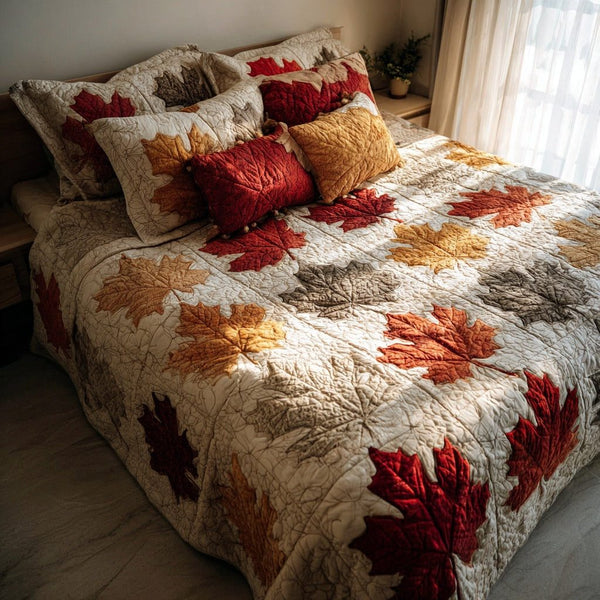 Gradation Leaf Art quilted 3-piece bedding set on a made bed with two matching pillow shams