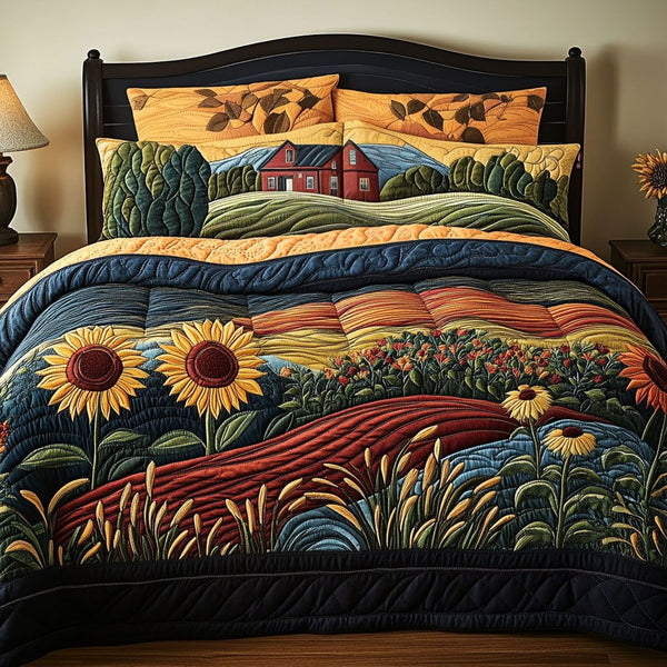 Grain of the Earth quilted 3-piece bedding set on a made bed with two matching pillow shams