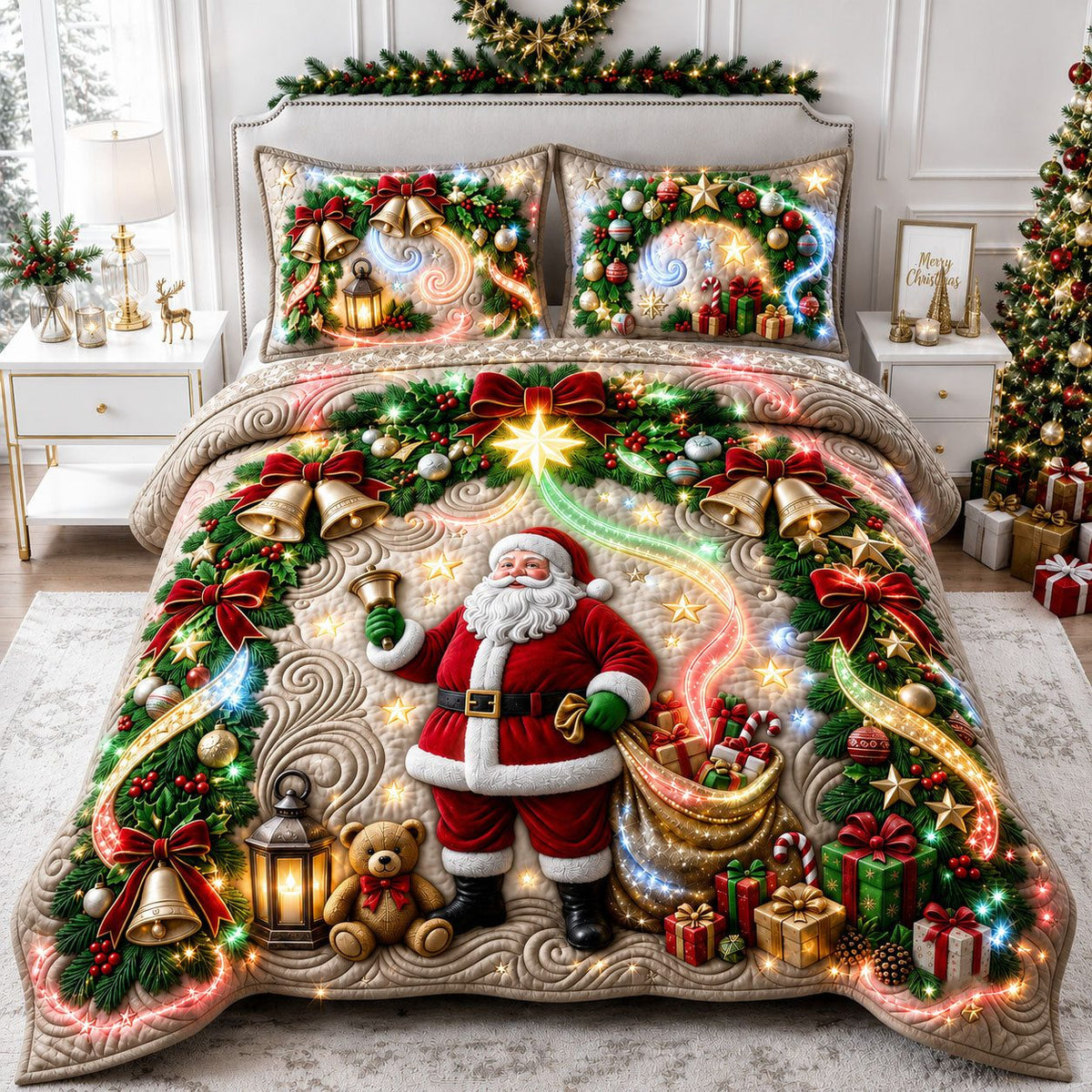 Grand Christmas Arch quilted 3-piece bedding set on a made bed in a winter-styled bedroom
