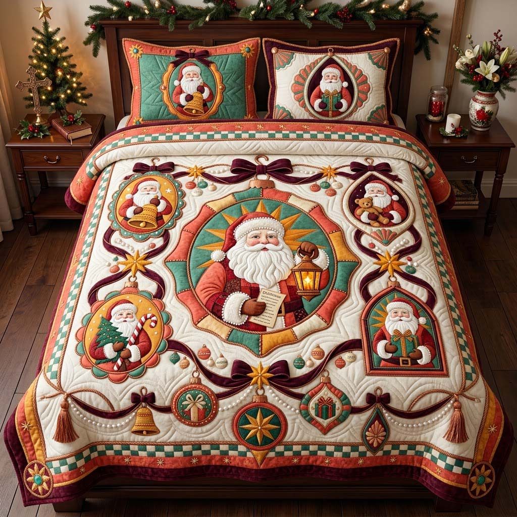 Grand Santa Ornament Gallery quilted 3-piece bedding set on a made bed in a winter-styled bedroom