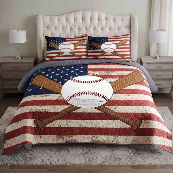 Grand Slam quilted 3-piece bedding set on a made bed with two matching pillow shams