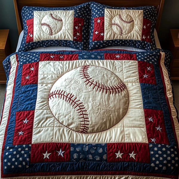 Grand Slam Set quilted 3-piece bedding set on a made bed with two matching pillow shams