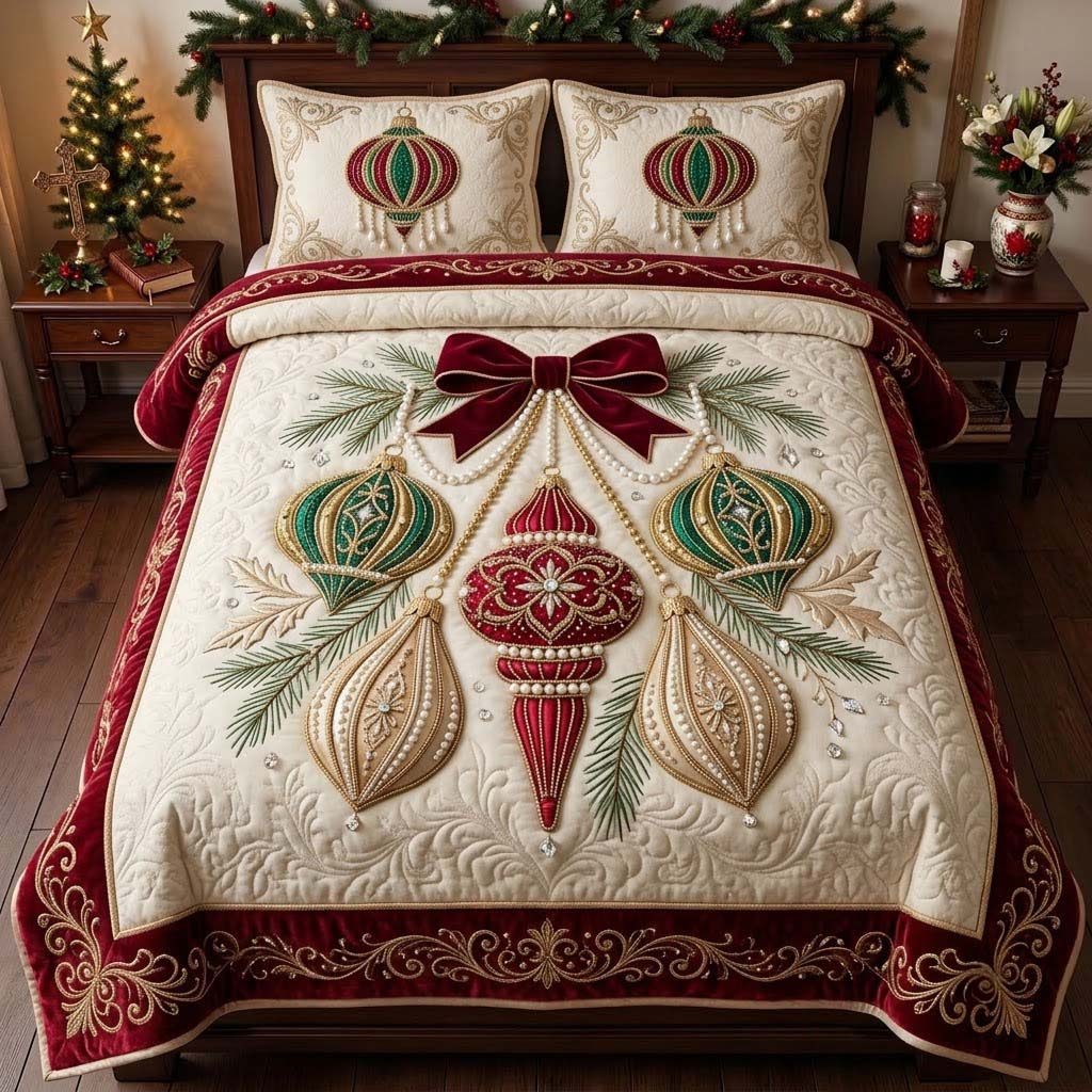 Grand Victorian Ornament Cascade quilted 3-piece bedding set on a made bed with two matching pillow shams