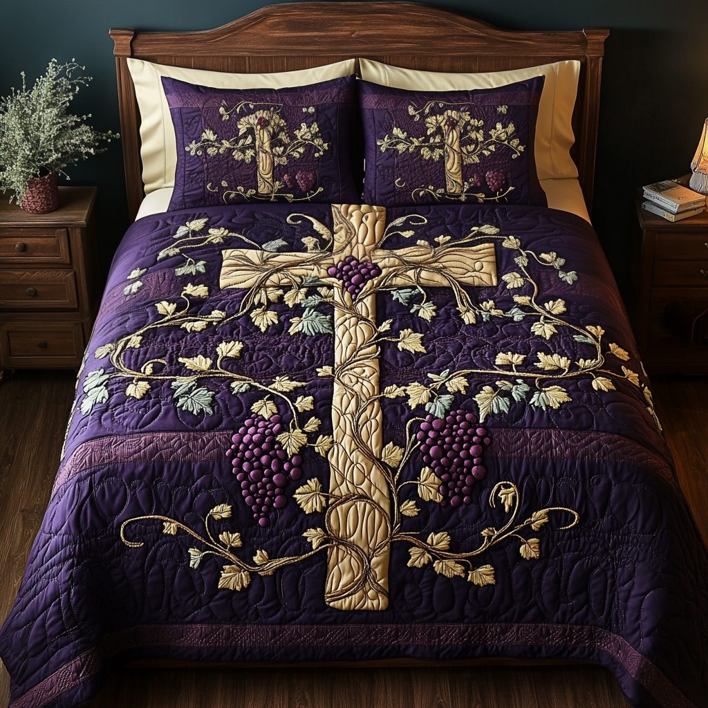Grape Gold Cross quilted 3-piece bedding set on a made bed in a softly lit bedroom