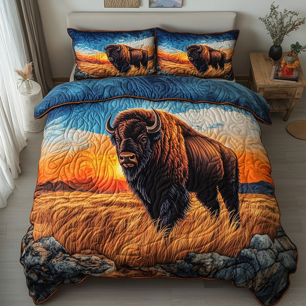 Grassland Guardian quilted 3-piece bedding set on a made bed with two matching pillow shams