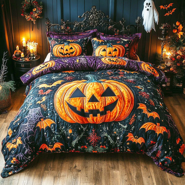 Grave Silence quilted 3-piece bedding set on a made bed with two matching pillow shams