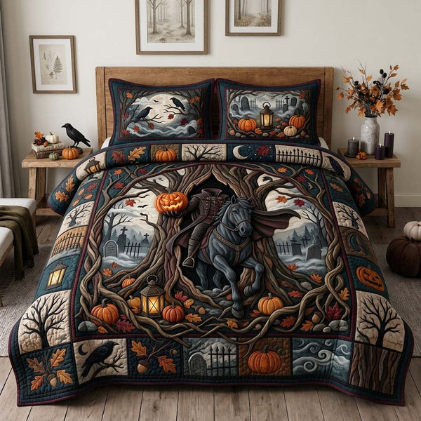 Graveyard Night Ride quilted 3-piece bedding set on a made bed with two matching pillow shams