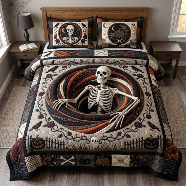 Graveyard Skeleton quilted 3-piece bedding set on a made bed against a dark styled interior