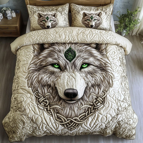 Gray Hunter quilted 3-piece bedding set on a made bed with two matching pillow shams