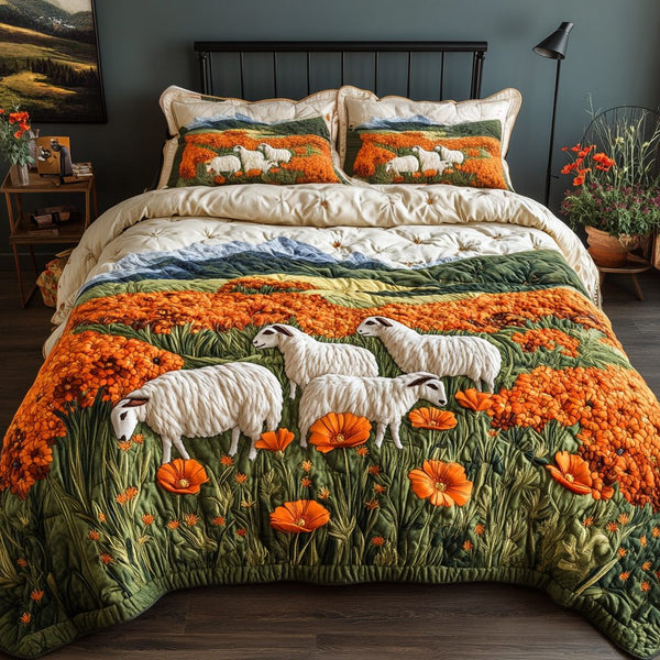 Grazing Calm quilted 3-piece bedding set on a made bed with two matching pillow shams